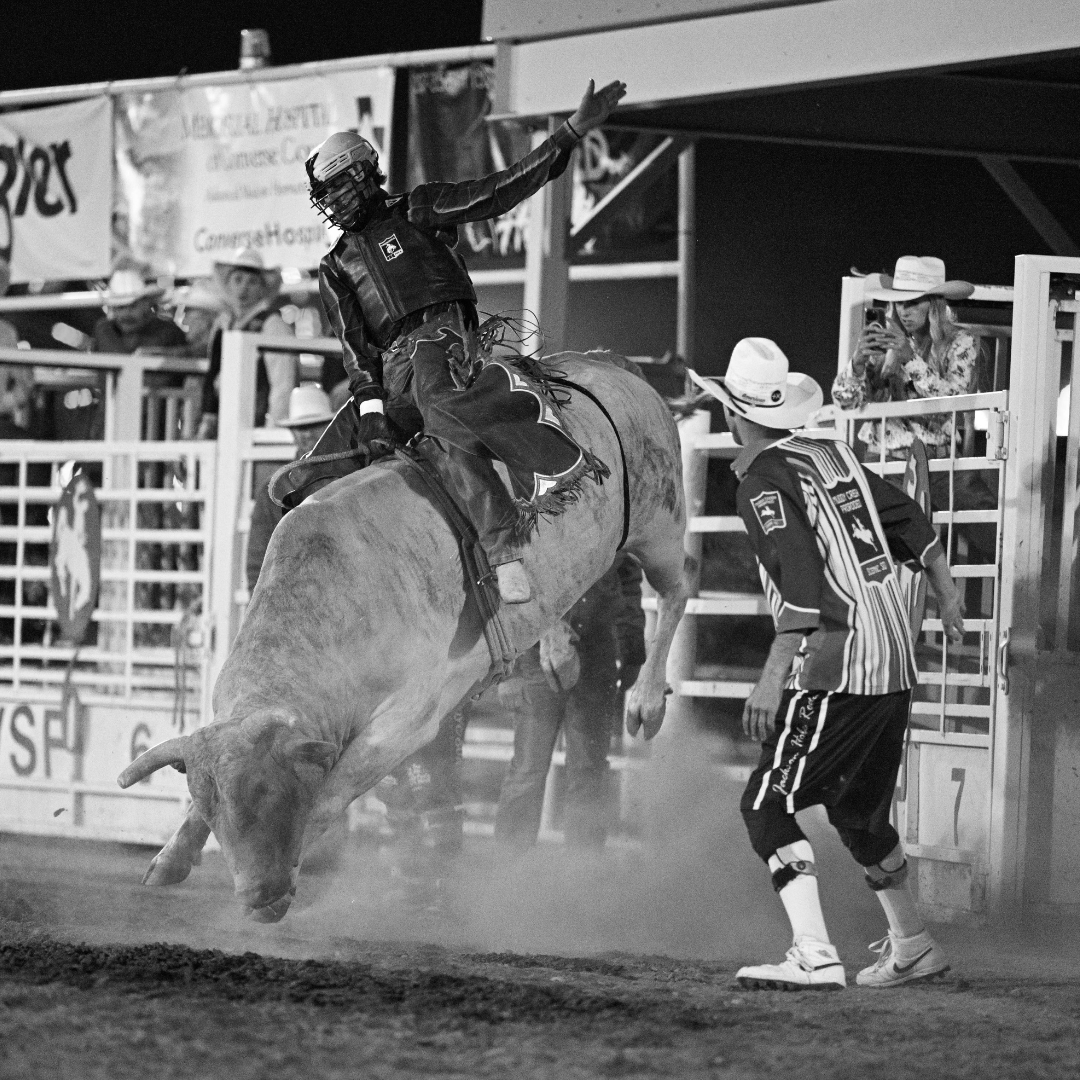 A black and white photo captures an exciting moment at a rodeo as a bull rider hangs on tight to a powerful bucking bull. With one arm raised for balance, the rider focuses on staying on while the bull kicks up dust, showing off its strength. A rodeo clown in a striped shirt and cowboy hat stands nearby, ready to jump in and help if needed. In the background, fans and event staff watch closely, with some snapping photos and others cheering. This image perfectly captures the thrill, energy, and tradition of rodeo life.