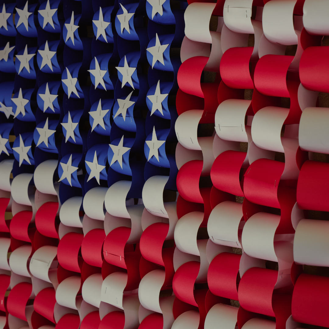 Handmade American flag display created from red, white, and blue paper chains at the Wyoming State Fair.