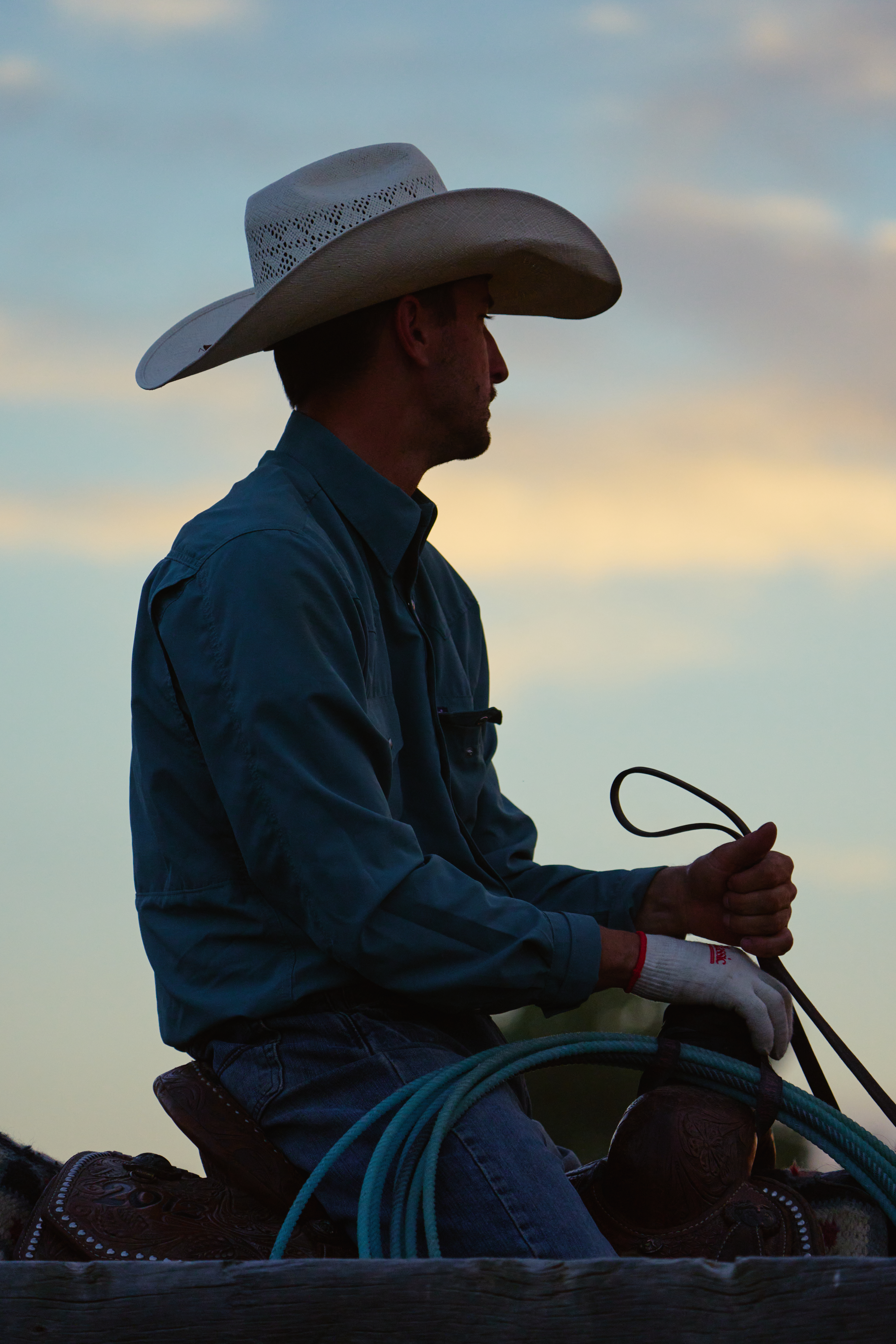 A cowboy in a white hat sits on horseback holding a coiled rope, silhouetted against a soft sunset sky.